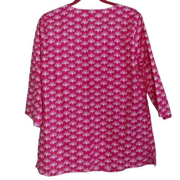 Talbots Pink White Fan Print Poplin Popover Blouse Lace Trim 3/4 Sleeves Sz X - Picture 4 of 16